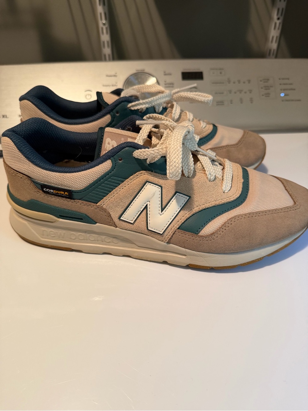 New Balance Beige and Teal Suede Mesh Sneakers